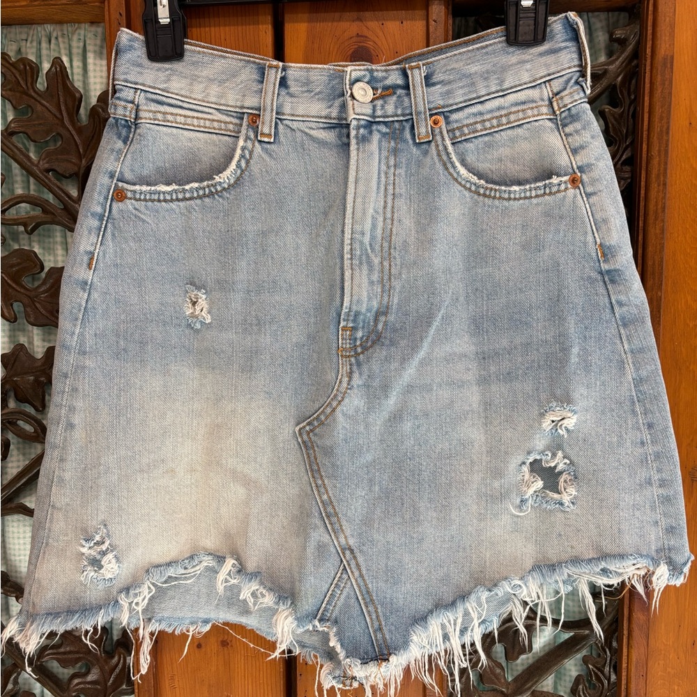 Zara Distressed Light Blue Denim Mini Skirt
